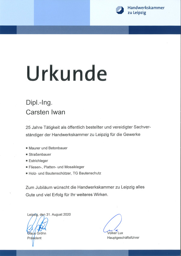 25 Jahre Sachverständigentätigkeit vor der Handwerkskammer zu Leipzig